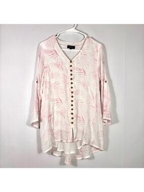 Papillion White and Pink Leaf Crinkled Button Down Tunic Size Medium Y0499